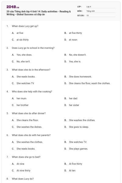 20 câu Tiếng Anh lớp 4 Unit 14: Daily activities - Reading & Writing - Global Success có đáp án