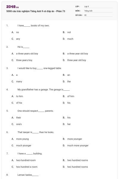 5000 câu trắc nghiệm Tiếng Anh 9 có đáp án - Phần 73