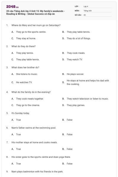 20 câu Tiếng Anh lớp 4 Unit 15: My family’s weekends - Reading & Writing - Global Success có đáp án