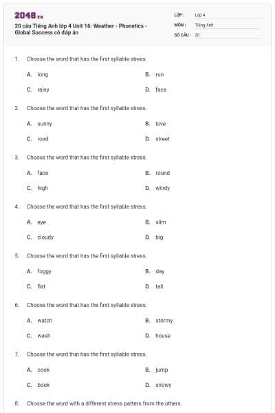 20 câu Tiếng Anh lớp 4 Unit 16: Weather - Phonetics - Global Success có đáp án