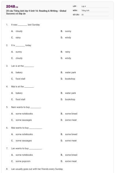 20 câu Tiếng Anh lớp 4 Unit 16: Reading & Writing - Global Success có đáp án