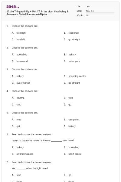 20 câu Tiếng Anh lớp 4 Unit 17: In the city - Vocabulary & Grammar - Global Success có đáp án