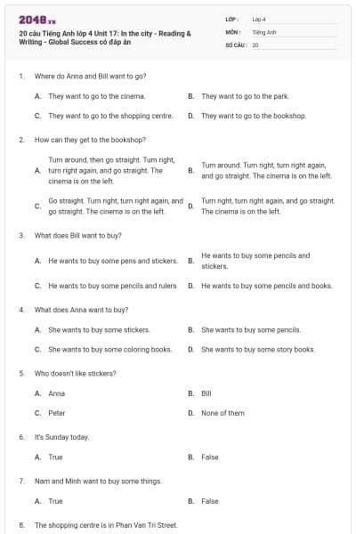 20 câu Tiếng Anh lớp 4 Unit 17: In the city - Reading & Writing - Global Success có đáp án
