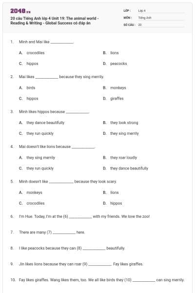 20 câu Tiếng Anh lớp 4 Unit 19: The animal world - Reading & Writing - Global Success có đáp án