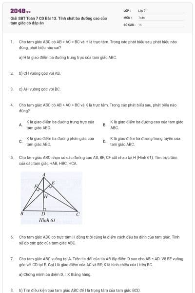 Giải SBT Toán 7 CD Bài 13. Tính chất ba đường cao của tam giác có đáp án