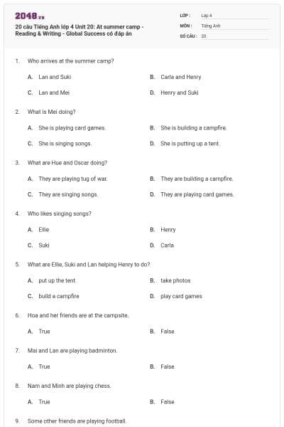 20 câu Tiếng Anh lớp 4 Unit 20: At summer camp - Reading & Writing - Global Success có đáp án