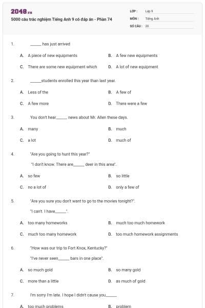 5000 câu trắc nghiệm Tiếng Anh 9 có đáp án - Phần 74