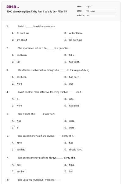 5000 câu trắc nghiệm Tiếng Anh 9 có đáp án - Phần 75