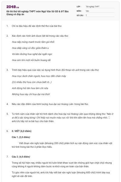 Đề thi thử tốt nghiệp THPT môn Ngữ Văn Sở GD & ĐT Bắc Giang có đáp án