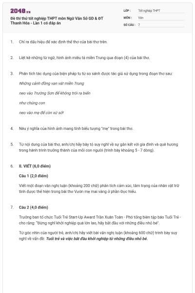 Đề thi thử tốt nghiệp THPT môn Ngữ Văn Sở GD & ĐT Thanh Hóa - Lần 1 có đáp án
