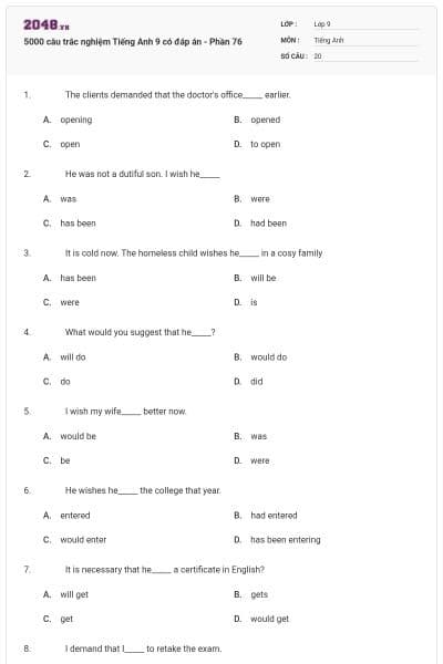5000 câu trắc nghiệm Tiếng Anh 9 có đáp án - Phần 76