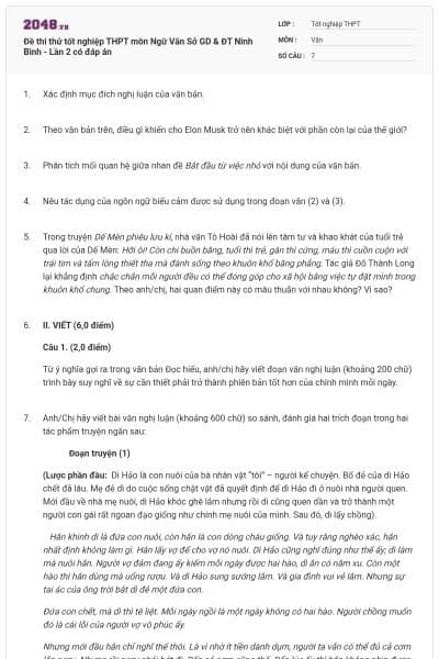 Đề thi thử tốt nghiệp THPT môn Ngữ Văn Sở GD & ĐT Ninh Bình - Lần 2 có đáp án