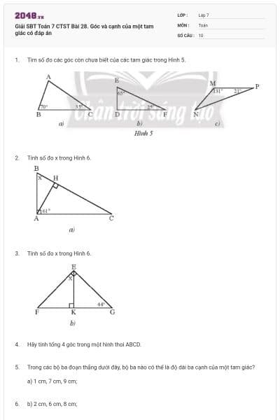 Giải SBT Toán 7 CTST Bài 28. Góc và cạnh của một tam giác có đáp án