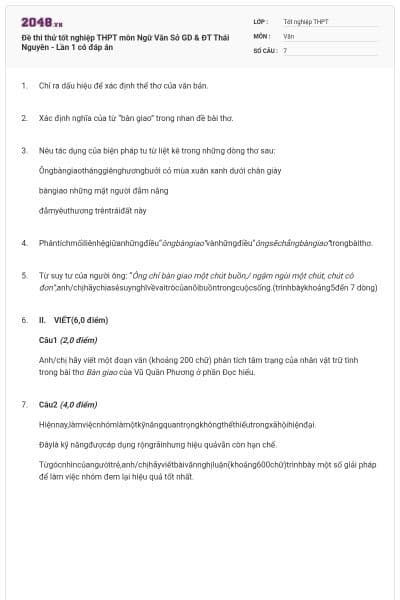 Đề thi thử tốt nghiệp THPT môn Ngữ Văn Sở GD & ĐT Thái Nguyên - Lần 1 có đáp án