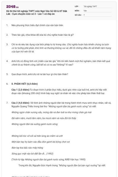 Đề thi thử tốt nghiệp THPT môn Ngữ Văn Sở GD & ĐT Đăk Lăk - Cụm chuyên môn số 3 - Lần 1 có đáp án