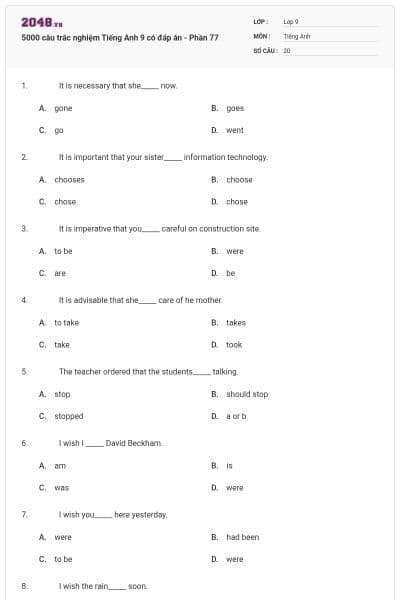 5000 câu trắc nghiệm Tiếng Anh 9 có đáp án - Phần 77