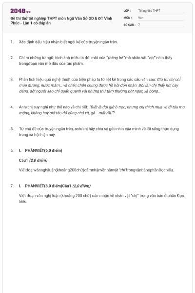 Đề thi thử tốt nghiệp THPT môn Ngữ Văn Sở GD & ĐT Vĩnh Phúc - Lần 1 có đáp án