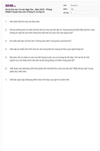 Đề thi thử vào 10 môn Ngữ Văn - Năm 2025 - Phòng GD&ĐT Huyện Gia Lâm (Tháng 9) có đáp án