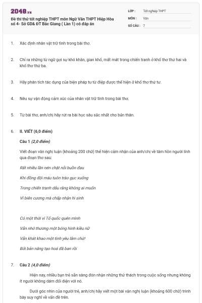 Đề thi thử tốt nghiệp THPT môn Ngữ Văn THPT Hiệp Hòa số 4- Sở GD& ĐT Bắc Giang ( Lần 1) có đáp án