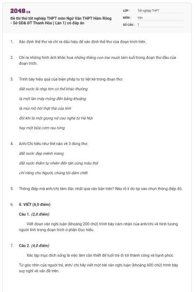 Đề thi thử tốt nghiệp THPT môn Ngữ Văn THPT Hàm Rồng - Sở GD& ĐT Thanh Hóa ( Lần 1) có đáp án