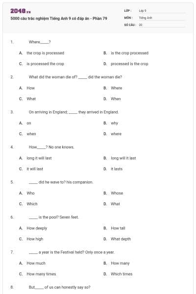5000 câu trắc nghiệm Tiếng Anh 9 có đáp án - Phần 79