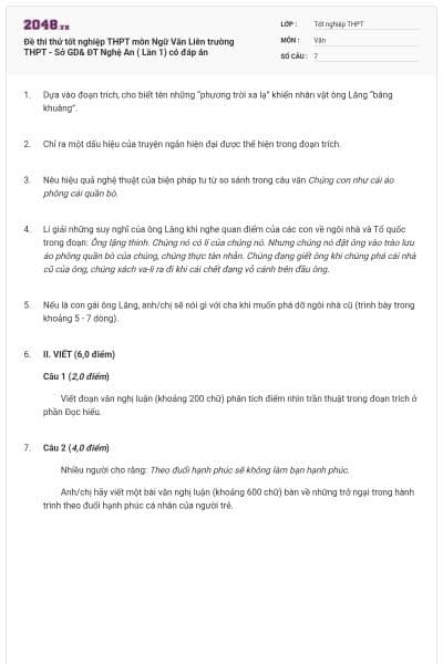 Đề thi thử tốt nghiệp THPT môn Ngữ Văn Liên trường THPT - Sở GD& ĐT Nghệ An ( Lần 1) có đáp án