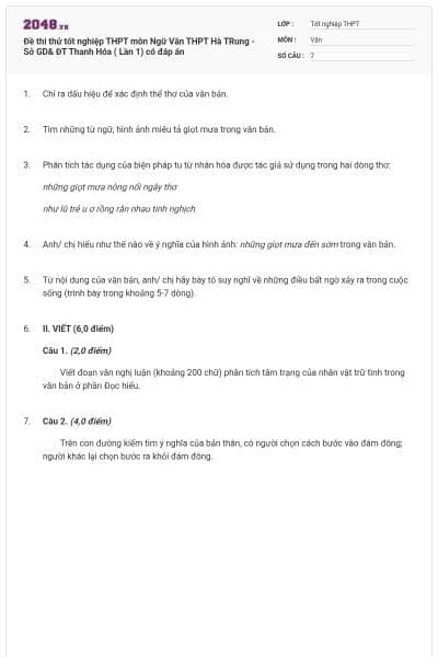 Đề thi thử tốt nghiệp THPT môn Ngữ Văn THPT Hà TRung - Sở GD& ĐT Thanh Hóa ( Lần 1) có đáp án