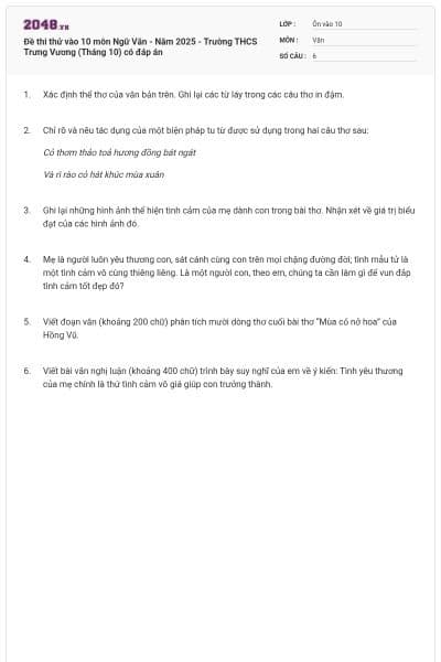 Đề thi thử vào 10 môn Ngữ Văn - Năm 2025 - Trường THCS Trưng Vương (Tháng 10) có đáp án