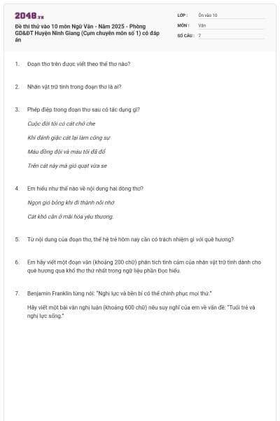 Đề thi thử vào 10 môn Ngữ Văn - Năm 2025 - Phòng GD&ĐT Huyện Ninh Giang (Cụm chuyên môn số 1) có đáp án