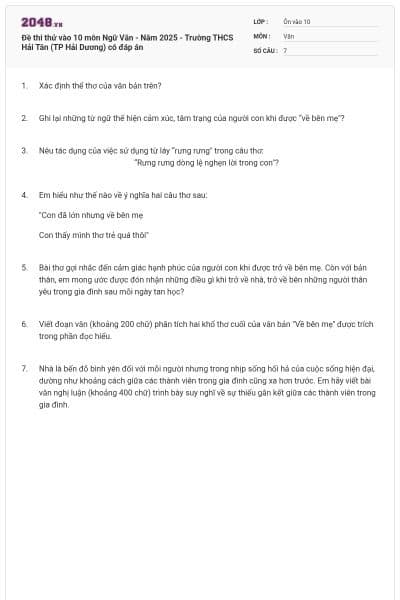 Đề thi thử vào 10 môn Ngữ Văn - Năm 2025 - Trường THCS Hải Tân (TP Hải Dương) có đáp án