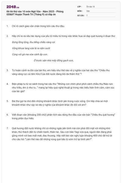 Đề thi thử vào 10 môn Ngữ Văn - Năm 2025 - Phòng GD&ĐT Huyện Thanh Trì (Tháng 9) có đáp án