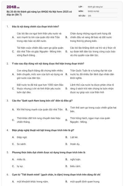 Bộ 20 đề thi Đánh giá năng lực ĐHQG Hà Nội form 2025 có đáp án (Đề 7)