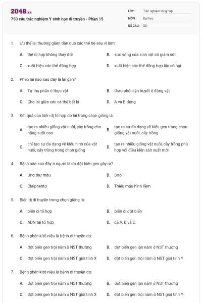 750 câu trắc nghiệm Y sinh học di truyền - Phần 15