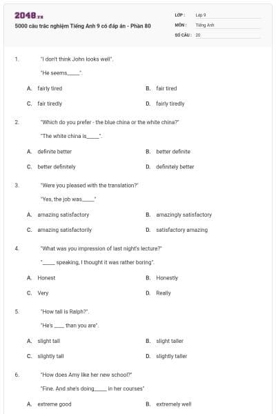 5000 câu trắc nghiệm Tiếng Anh 9 có đáp án - Phần 80