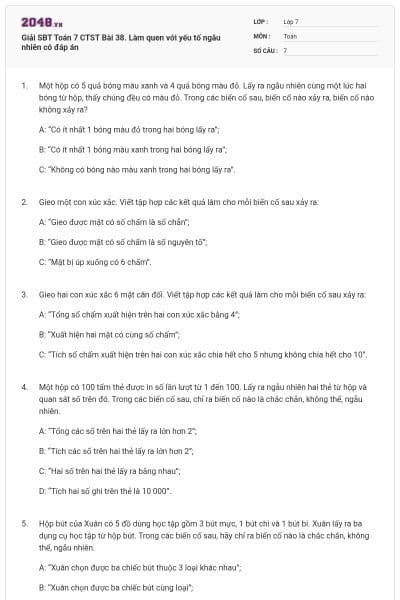 Giải SBT Toán 7 CTST Bài 38. Làm quen với yếu tố ngẫu nhiên có đáp án