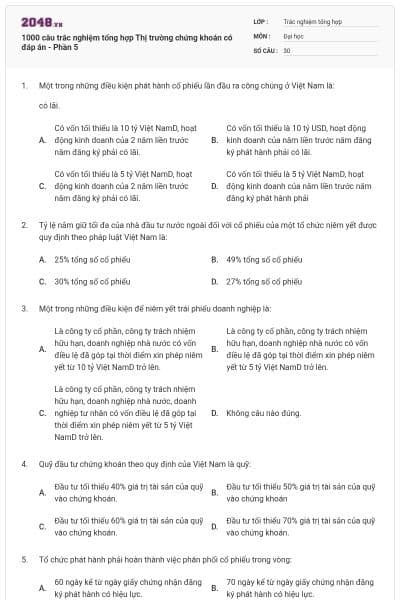 1000 câu trắc nghiệm tổng hợp Thị trường chứng khoán có đáp án - Phần 5