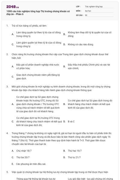 1000 câu trắc nghiệm tổng hợp Thị trường chứng khoán có đáp án - Phần 6