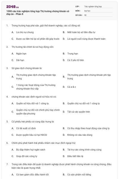 1000 câu trắc nghiệm tổng hợp Thị trường chứng khoán có đáp án - Phần 8