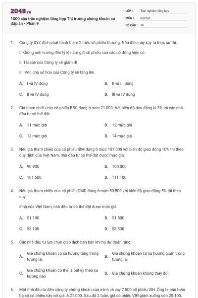 1000 câu trắc nghiệm tổng hợp Thị trường chứng khoán có đáp án - Phần 9