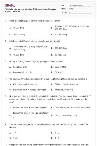 1000 câu trắc nghiệm tổng hợp Thị trường chứng khoán có đáp án - Phần 11