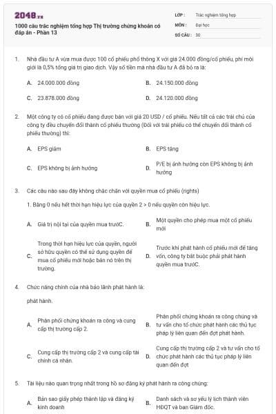1000 câu trắc nghiệm tổng hợp Thị trường chứng khoán có đáp án - Phần 13