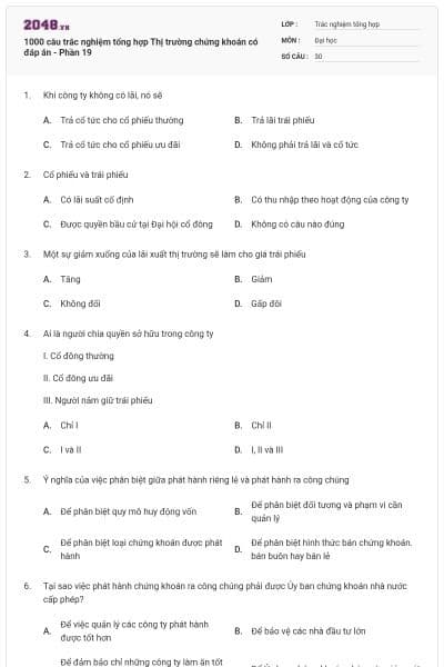 1000 câu trắc nghiệm tổng hợp Thị trường chứng khoán có đáp án - Phần 19