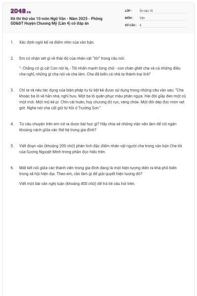 Đề thi thử vào 10 môn Ngữ Văn - Năm 2025 - Phòng GD&ĐT Huyện Chương Mỹ (Lần 4) có đáp án