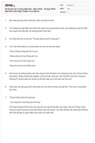 Đề thi thử vào 10 môn Ngữ Văn - Năm 2025 - Trường THCS Mai Dịch (Cầu Giấy) Tháng 10 có đáp án