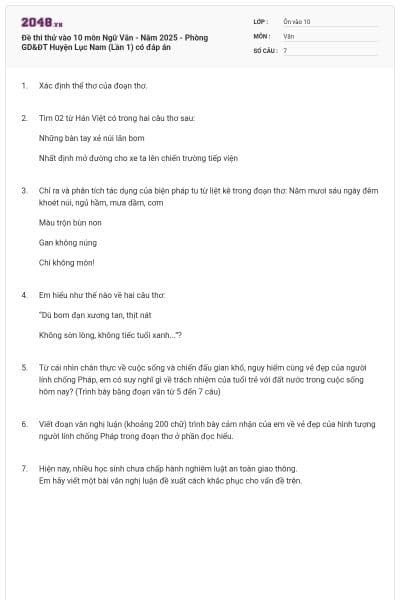 Đề thi thử vào 10 môn Ngữ Văn - Năm 2025 - Phòng GD&ĐT Huyện Lục Nam (Lần 1) có đáp án