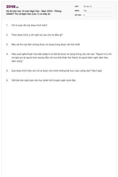 Đề thi thử vào 10 môn Ngữ Văn - Năm 2025 - Phòng GD&ĐT Thị xã Nghi Sơn (Lần 1) có đáp án