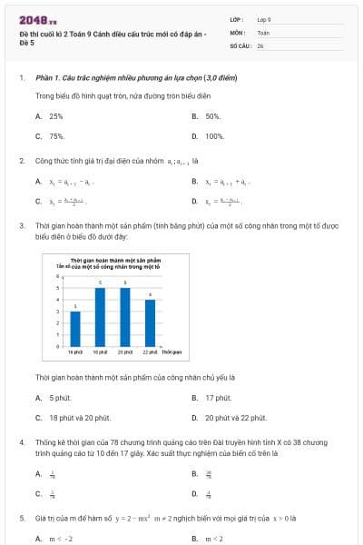 Đề thi cuối kì 2 Toán 9 Cánh diều cấu trúc mới có đáp án - Đề 5