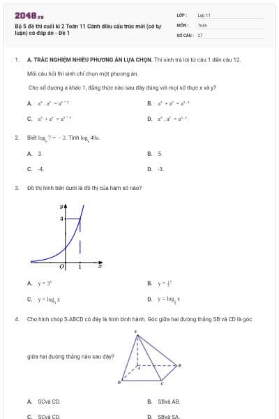 Bộ 5 đề thi cuối kì 2 Toán 11 Cánh diều cấu trúc mới (có tự luận) có đáp án - Đề 1