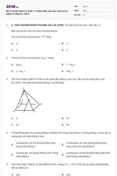 Bộ 5 đề thi cuối kì 2 Toán 11 Cánh diều cấu trúc mới (có tự luận) có đáp án - Đề 3