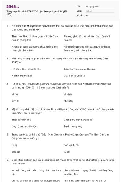 Tổng hợp đề thi thử THPTQG Lịch Sử cực hay có lời giải (P5)